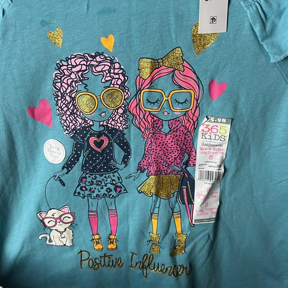 365 Kids from Garanimals Long Sleeve Ruffle Tee Girls 8 Aqua Positive Influencer - Picture 10 of 15